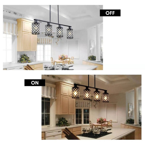 4 Light Linear Pendant Chandelier For Kitchen Island With K9 Crystal And Black Grid Shade Adjustable Height Dining Room Light Fixture Modern Black Pendant Lighting Over Table And Island, shown on and off over kitchen island.