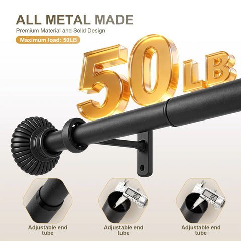 Beefy Black Curtain Rod System Fits 32 To 240 Inches Wide, 1 Inch Diameter, Space Saving Telescoping Rod With Heavy Duty Brackets For Wide Windows