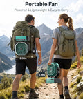 Hikers carrying Beast Mode Portable Rechargeable Camping Fan with 9 inch blade, ideal for outdoor adventures.