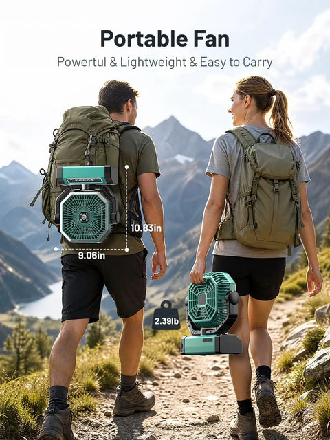 Hikers carrying Beast Mode Portable Rechargeable Camping Fan with 9 inch blade, ideal for outdoor adventures.