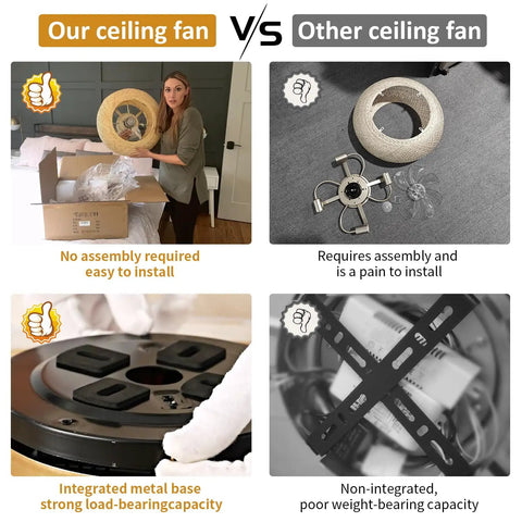 Comparison of Coastal Boho 20 Inch Ceiling Fan With Light Rattan Caged Flush Mount vs standard fan in assembly and base design