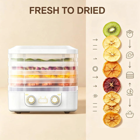 Big Time 6 Tray Food Dehydrator For Home With Clear Racks And Digital Temperature Timer Controls To Knock Out Homemade Jerky Dried Fruit Veggies And Dog Treats Quick As Can Be with stacked fruit.
