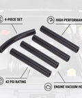 High Temp Automotive Vacuum Lines Kit Withstands 43 PSI And Extreme Heat To Stop Melting Cracking For Easy Tool-Free Diy Engine Bay Upgrades That Save Time And Money On Tough Car Repairs. 4-piece black engine vacuum hose set