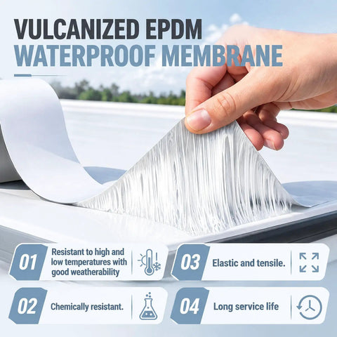 1 Roll EPDM Rubber Roofing Membrane 50 Mil Thick 39 By 15 Ft White Vulcanized Sheet showing waterproof membrane being unrolled.