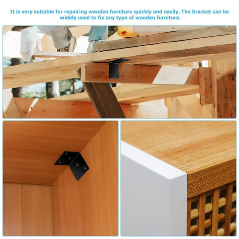 Heavy Duty Chrome Coated Iron Corner Brackets With Mounting Screws securing wooden furniture and raised beds, with detailed bracket views.