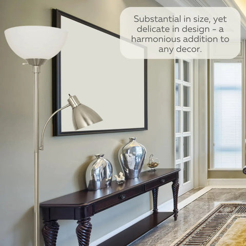 Adjustable Metal Floor Lamp With Side Reading Light In Satin Nickel Finish in modern living room setup