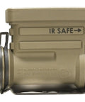 Sidewinder 55 Lumen Compact II Military Flashlight With Helmet Mount in coyote finish showing IR Safe marking and mounting bracket.