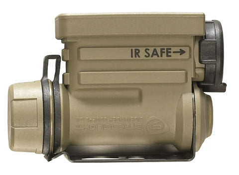 Sidewinder 55 Lumen Compact II Military Flashlight With Helmet Mount in coyote finish showing IR Safe marking and mounting bracket.