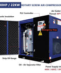 Beefy 30HP Rotary Screw Air Compressor Delivers 123 CFM at 125 PSI 460 Volts Three Phase Fixed Speed Industrial Grade Unit for Continuous Duty Manufacturing and Heavy Load Air Demands, blue cabinet open