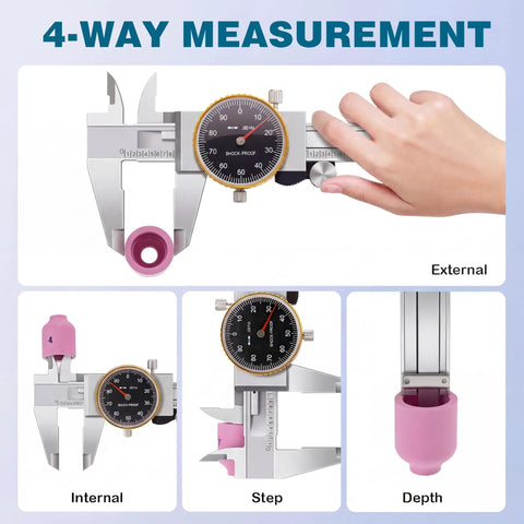 0-6 Inch Dial Caliper Set With Protective Case, 0.001 Inch Accuracy, 4 Way Measurement With Dual Jaws And Depth Rod for external, internal, step, depth