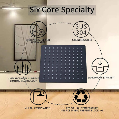 Black Shower Faucet Kit With Rough In Valve And 8 Inch Square Stainless Steel Rainfall Shower Head highlighted features chart