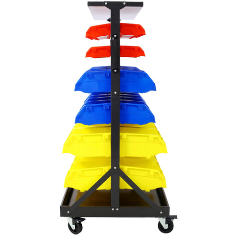 Heavy Duty Six Tier Dual Sided Rolling Bin Rack With Locking Caster Wheels And Sixty Plastic Parts Containers Plus Top Shelf For Garage Office Storage Flex