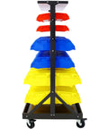 Front view of 6-Tier Dual-Sided Rolling Bin Rack with heavy duty steel construction and casters for mobile storage