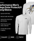 Men's ProtectUV Long Sleeve Tee With UPF 50 Plus Sun Protection Ice Blue Microfiber All Day Comfort Stain Release Technology Yellowfin Tuna Design By Marcos Augusto Size Medium displayed on black background with front and back view of shirt