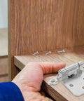10 Pack Half Overlay Spring Cabinet Hinges, 1.2mm White Nickel Metal Door Hardware, shown during installation on wooden cabinet