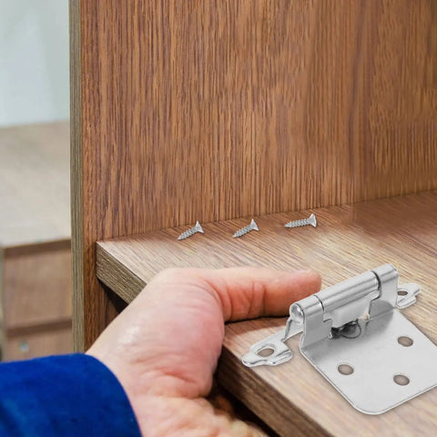 10 Pack Half Overlay Spring Cabinet Hinges, 1.2mm White Nickel Metal Door Hardware, shown during installation on wooden cabinet