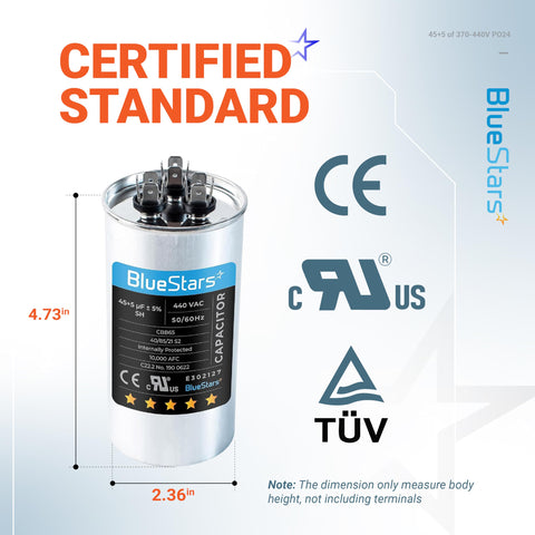 UL Certified Dual Round Run Capacitor 45/5 MFD 370V Or 440V 50/60 Hz CBB65 For AC Motors, product dimensions shown