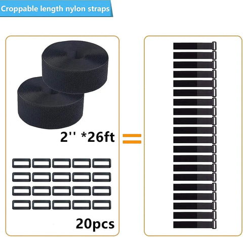 Heavy Duty Cable Straps Set With 2 Rolls Of 26 Feet Each 2 Inch Wide Straps With 20 Buckles And Hook And Loop Fasteners Reusable Cut To Length Molle Straps For Organizing Gear And Securing Load Tough Nylon Black shown in rolls and buckles