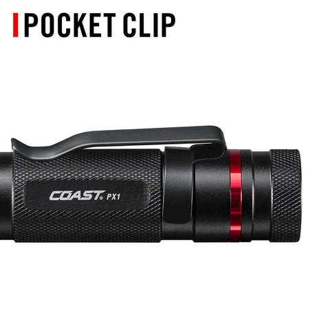 PX1 565 Lumen Pure Beam Focusing LED Flashlight with pocket clip detail, black finish, twist focus, rugged design