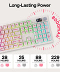 Level Up Your Desktop Rig With This Full Size Mechanical Keyboard Featuring A Built In Display And Tuning Dial 104 Keys Built Different For Comfort With A Huge 8000Mah Battery For Flawless Typing, showcasing battery life benefits.