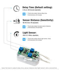 Diagram with labeled diagram of Mini PIR Motion Sensor Switch For DIY LED Lighting, Occupancy Sensor, DC 12V to 24V features