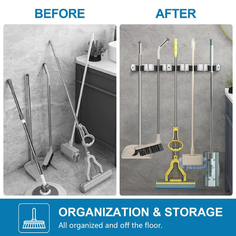 2 Pack Stainless Steel Wall Mount Broom Holder With 5 Racks And 4 Hooks Heavy Duty Self Adhesive Broom Organizer before and after installation