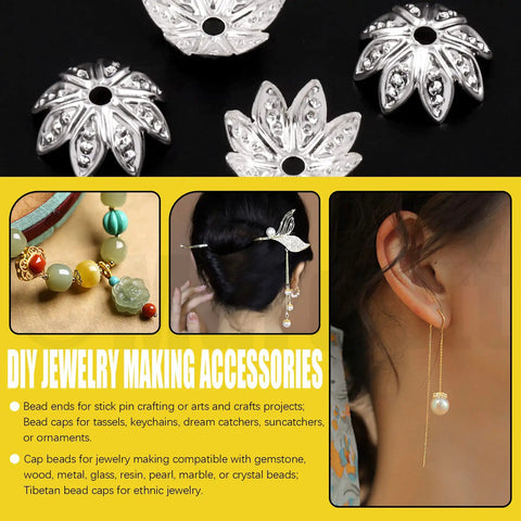 Massive 2100 Piece Bead Caps Kit With 12 Styles In Gold Silver Bronze Hollow Flower End Caps For DIY Jewelry Making shown in use.