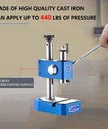 Real Deal 0.5 Ton Heavy Duty Workhorse Arbor Press For Leather Crafting And Metalworking Ductile Iron Manual Punching Machine With 12.6 Inch Max Lift Height Stamping Riveting Tool, blue cast iron press applying 440 lbs pressure.
