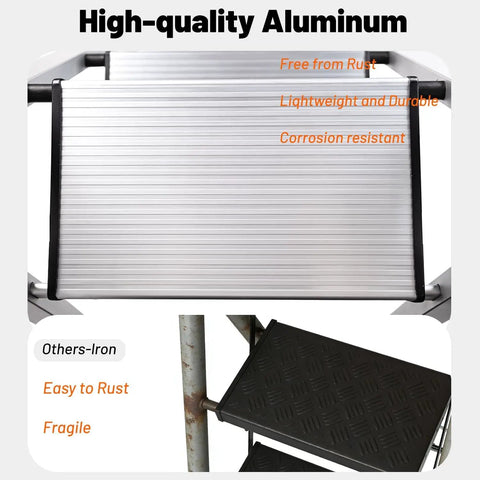 Ultra Lightweight Aluminum 3 Step Ladder Folding Stool With Safety Handrail Heavy Duty 600 Pound Capacity Anti Slip Pedals Slim Fold Design For Home Use And Everyday DIY Projects, aluminum step detail