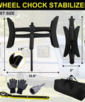 Heavy Duty X Shaped RV Wheel Chock Stabilizer Kit with wrench, socket adapter, gloves, storage bag; fits 3.5-12 inch wheel gaps