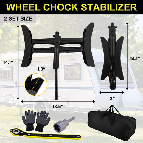 Heavy Duty X Shaped RV Wheel Chock Stabilizer Kit with wrench, socket adapter, gloves, storage bag; fits 3.5-12 inch wheel gaps