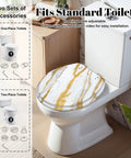 Round Resin Toilet Seat for Bathroom on standard toilet with adjustable hinges and elegant gold marbling design.
