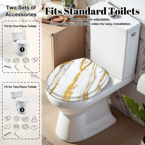 Round Resin Toilet Seat for Bathroom on standard toilet with adjustable hinges and elegant gold marbling design.