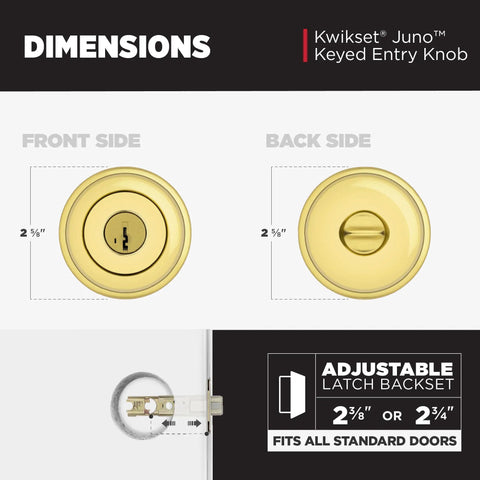 Dimensions of Entry Door Knob With Lock And Key, Exterior Keyed Handle, Polished Brass Finish, Front and Back View