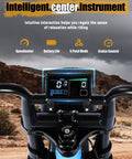 Electric Dirt Bike For Adults 1300W Peak Power 52 Volt display showing speed, battery life, 5-speed mode on rocky terrain background.