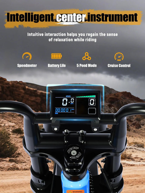 Electric Dirt Bike For Adults 1300W Peak Power 52 Volt display showing speed, battery life, 5-speed mode on rocky terrain background.