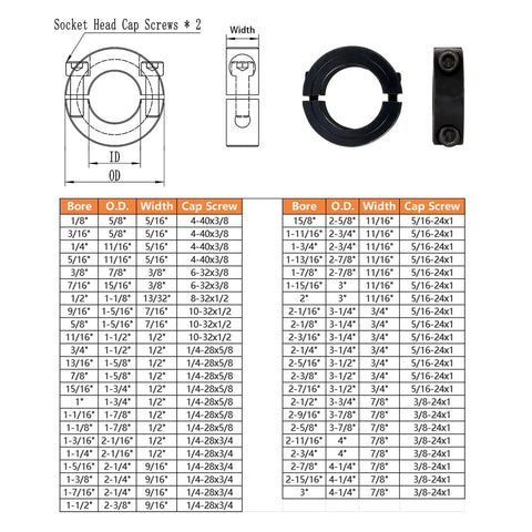Diagram and image of Beefy Shaft Collar With Locking Clamp On, Bore Five Eighths Inch, Carbon Steel, with size chart and clamp details.