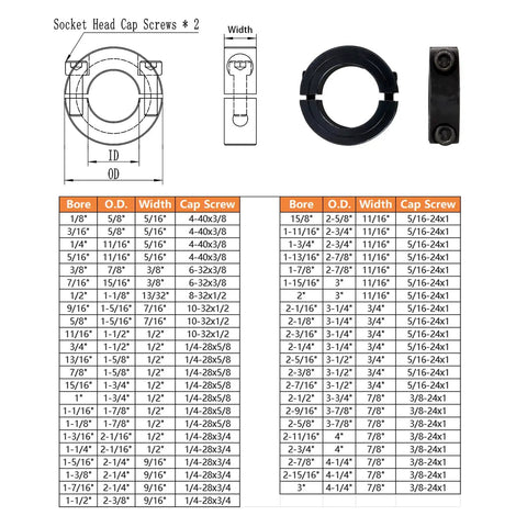 Diagram and table for Heavy Duty Split Shaft Collar For 1 Inch Bore And 1.75 Inch OD, 1/2 Inch Thick, 1045 Steel With Black Oxide Finish