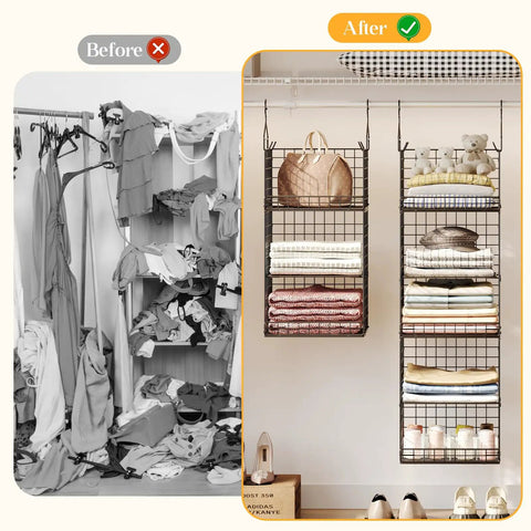 Before and after of closet with 6 Tier Hanging Closet Organizer Dope Space Saving Shelf System With Foldable Shelves And Adjustable Dividers Stackable Or Separable Use Great For Shirts Sweaters Socks Hats Dolls Handbags And More Black showing improved organization.