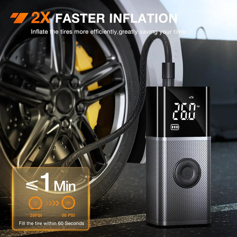 Hella Fast Cordless Tire Inflator Packed With Rechargeable Battery And Dual Power Supply For Cars Trucks And Suv Up To 150 Psi Portable Air Compressor beside a car tire showing digital pressure display.