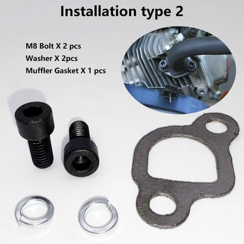 Exhaust Muffler Pipe Mounting Hardware Kit With Gasket For Coleman CT200U BT200X Baja MB200 Axis M200 KT196 Go Kart Predator 212cc Hisun 196cc Mini Bike Engine with bolts, washers, and gasket displayed.