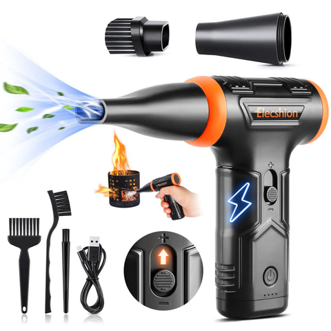 Cordless Electric Air Duster with Variable Speed Control Delivers Up To 50 MPH and 110000 RPM for PC Keyboard Computer Home Cleaning Reusable Air Blower Mini Dust Duster for Quick Dusting and Delicate Surfaces, shown with attachments and USB cable