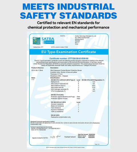 Certificate showing compliance for Hardcore Double Dipped Neoprene Rubber Chemical Gloves for industrial safety standards.