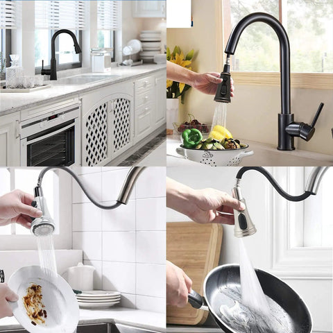Collage of kitchen faucet head replacement with 3 function pull down sprayer used in stream, spray, and high pressure rinse modes