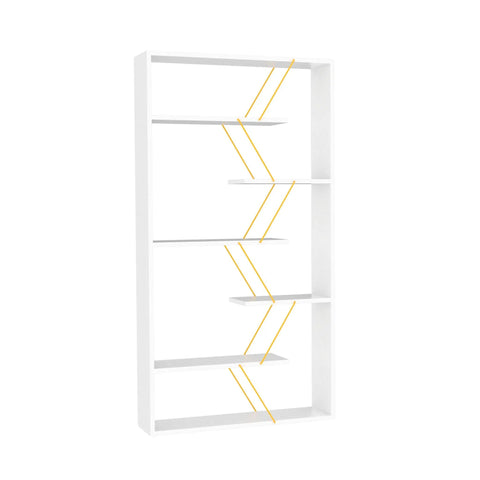 White Six Tier Wall Corner Storage Shelf For Bedroom - Industrial Bookcase Style Bookshelf With Open Wood Frame