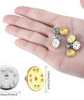 50 Pieces Hella Secure Butterfly Clutch Backs, Nickel Plated Brass Pin Fasteners For Badges And Jewelry Crafting, 10 Mm shiny gold and silver pins in hand.
