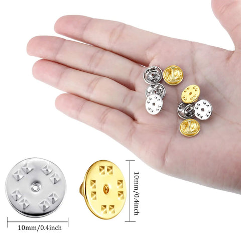 50 Pieces Hella Secure Butterfly Clutch Backs, Nickel Plated Brass Pin Fasteners For Badges And Jewelry Crafting, 10 Mm shiny gold and silver pins in hand.