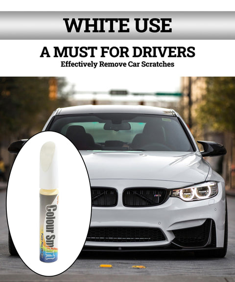 Car Touch Up Paint Pen for Scratches and Dings, Quick and Easy Automotive Paint Repair, Clear White Finish displayed with car