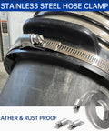 Stainless steel hose clamp around a duct with adjustable worm-gear screw; kit components shown