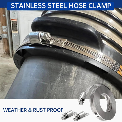 Stainless steel hose clamp around a duct with adjustable worm-gear screw; kit components shown
